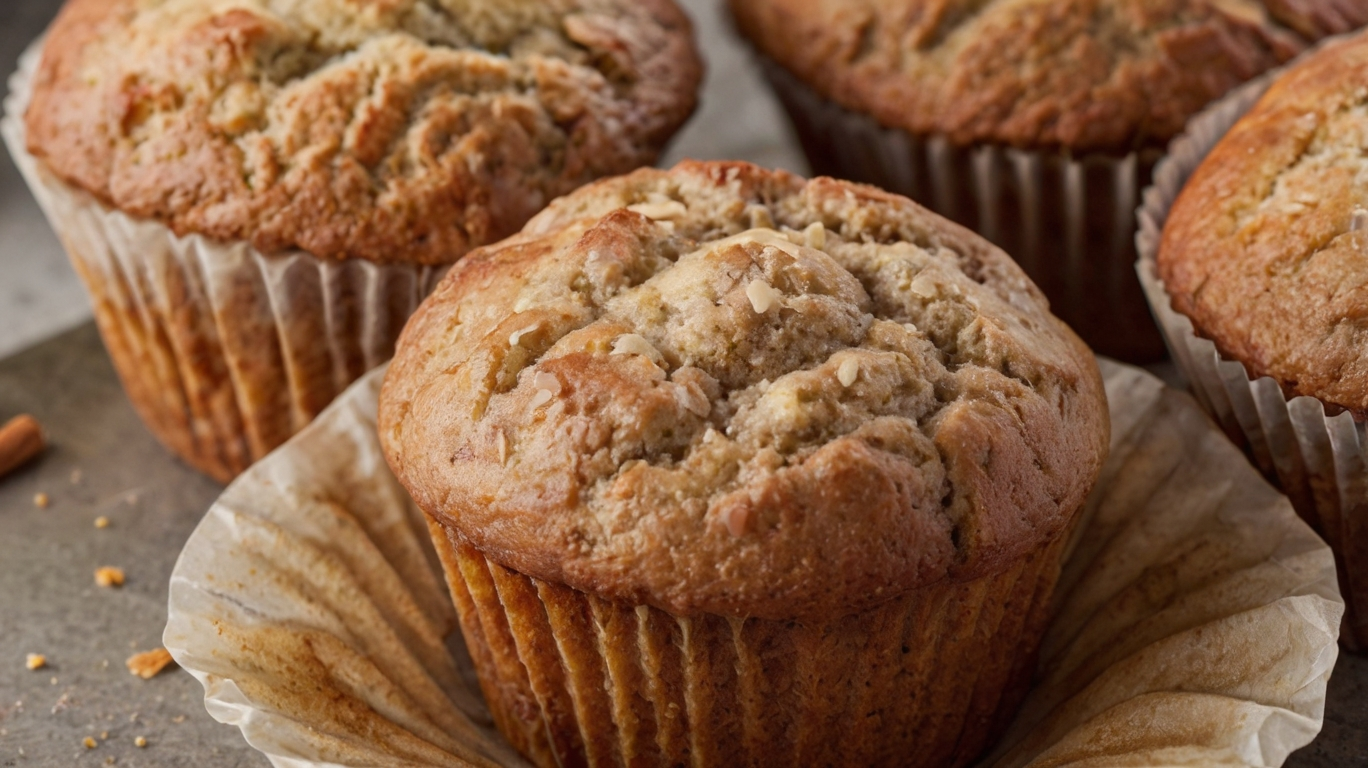 Close-up of golden-brown cinnamon banana bread muffins with a moist, fluffy texture, wrapped in parchment paper liners and topped with a light dusting of cinnamon. The muffins are arranged on a rustic surface, highlighting their homemade, comforting appeal.