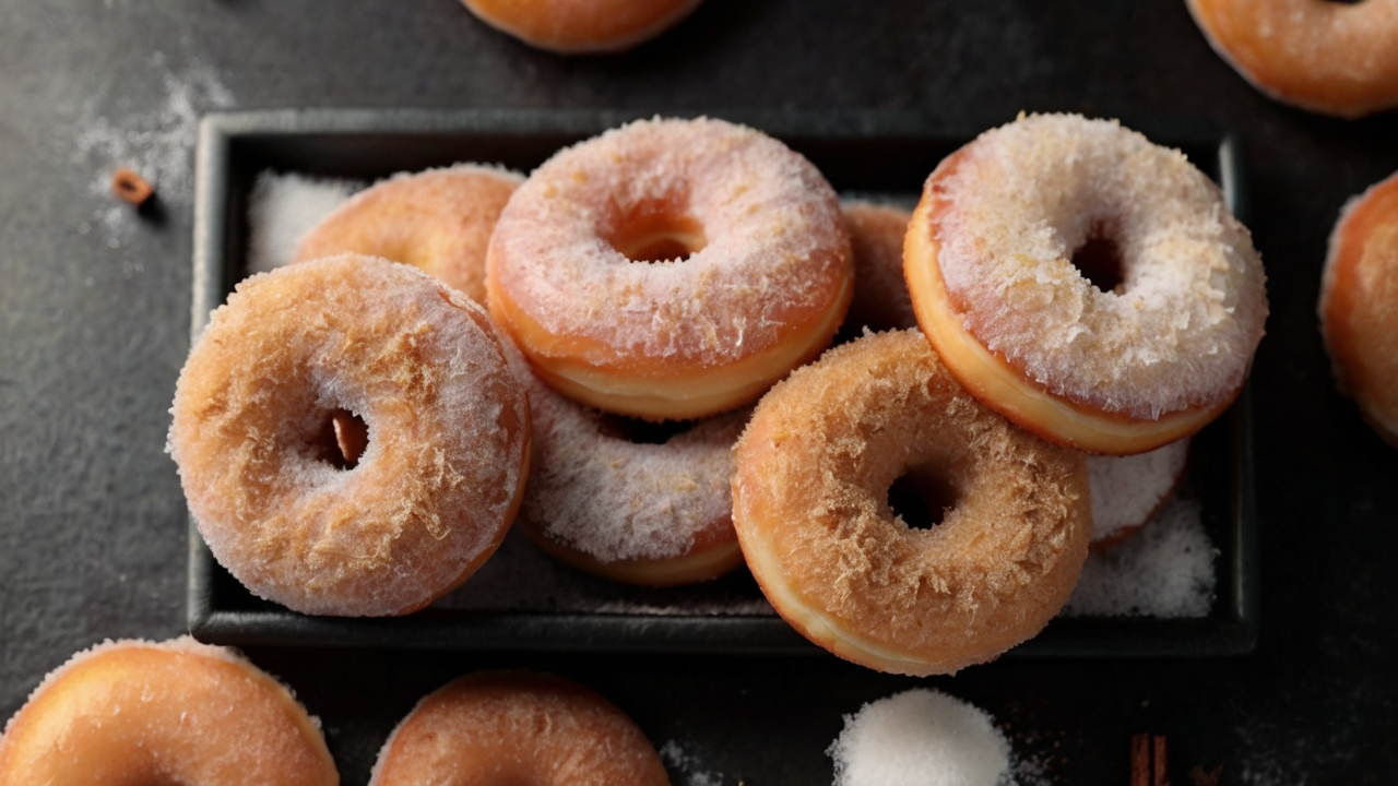 Tray of sugar-coated donuts surrounded by cinnamon sticks and sugar bowls on a dark table, captured in a simple and slightly grainy style.