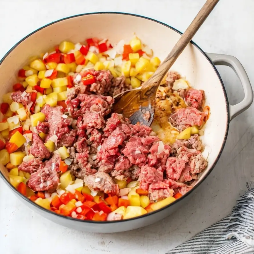 mixing ground beef and potatoes