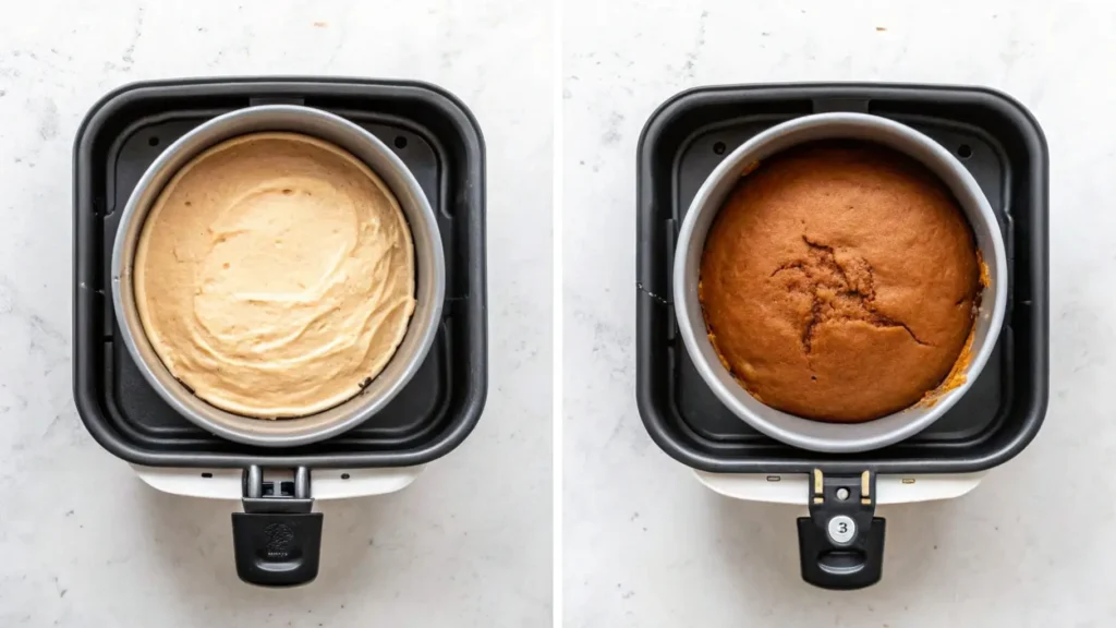 Placing a cake pan filled with batter inside an air fryer for baking