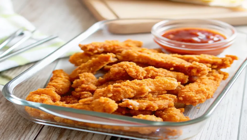 Crispy and golden Air-Fryer Cereal-Crusted Chicken Tenders on a plate with dipping sauce.