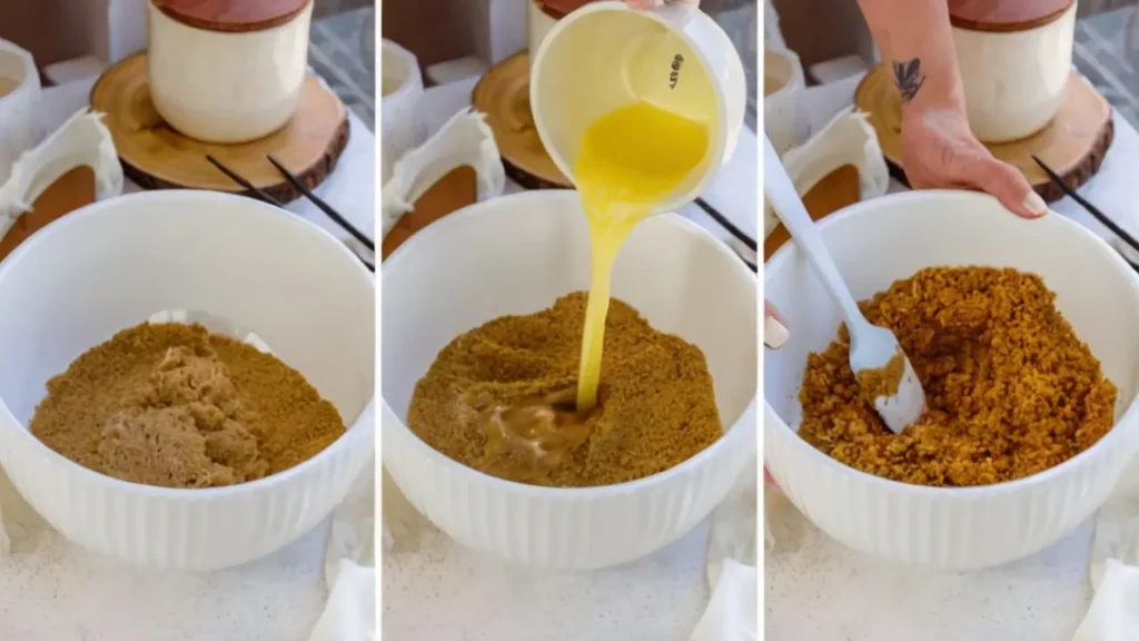  making the graham cracker crust for Crème Brûlée Cheesecake Bites